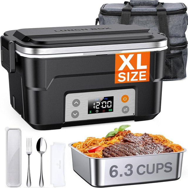 EAST OAK XL 6.3-Cup Cordless Electric Lunch Box for Adults, Heated Lunch Box for Men Battery Powered with Scheduled Heating, Portable Food Warmer with Large Bag, Removable Divider