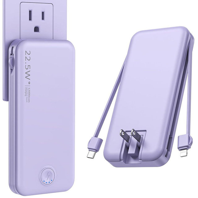 Nusyddy 22.5W Super Fast Charging Portable Charger with Wall Plug,12000mAh USB-C Power Bank Built-in 2 Cable, Lightweight Phone Charger Travel Battery Pack for all iPhone, Samsung, Tablets