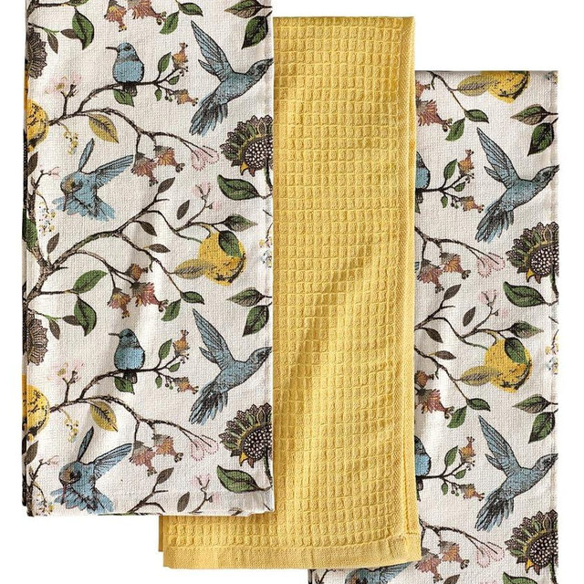 Miss Adola 3pcs Cotton Kitchen Towels - 270 GSM 16x25 Inch Terry Cloths Reusable Dish Cloths for Cleaning Absorbent Soft Hand Tea Towels with Hanging Loop for Housewarming Home Decor, Lemon Bird