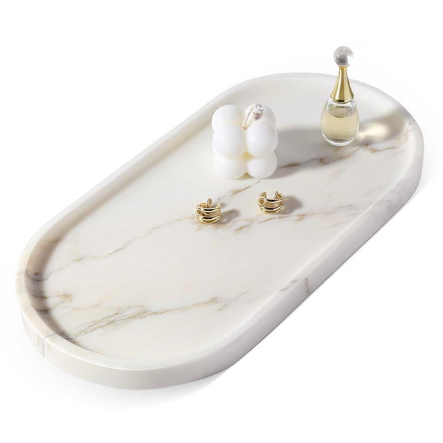 Koville White Marble Tray with Gold Pattern for Bathroom Counter, Stone Trays for Home Decor Marble Vanity Tray, Stone Storage Trays for Perfume, Jewelry, Decorative Tray for Dresser Organizer