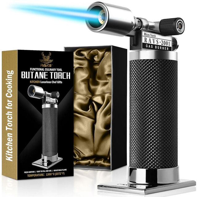 Ultra Premium Mens Gifts Butane Torch Lighter, Refillable Kitchen Torch, Creme Brulee Torch Cooking Torch for Baking, BBQ Blow Torch, Food Torch as Gifts for Men, Husband, Dad - Without Butane Fuel