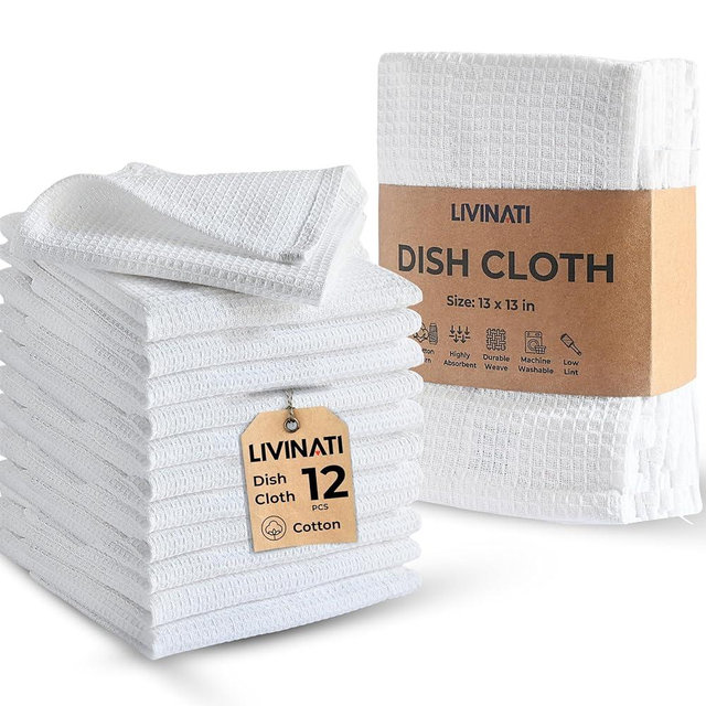 LIVINATI Kitchen Dish Cloths for Washing Dishes - Waffle Weave Cotton Dish Rag Towel - 13"x13" Set of 12 White Kitchen Washcloth Dishcloth Dishrag Dishtowel Wash Cloth