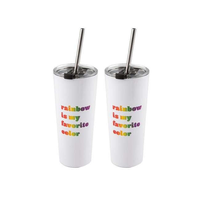 Double Wall 2 Pack of White 24 oz Straw Tumblers with Metallic "Rainbow is My Favorite Color" Decal