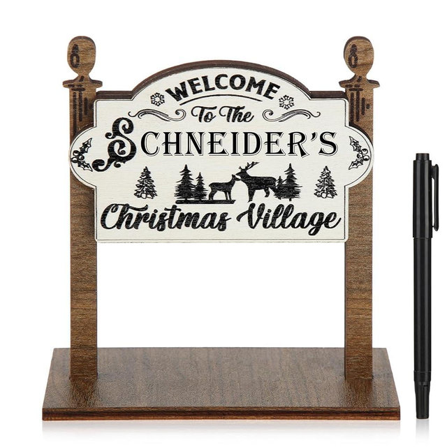 Pinkunn Wooden Christmas Village Sign with Pen, Welcome to Our Village Sign, Christmas Decoration Accessories, Mini Wooden Miniature Family Xmas Decor, 5 x 5 Inch