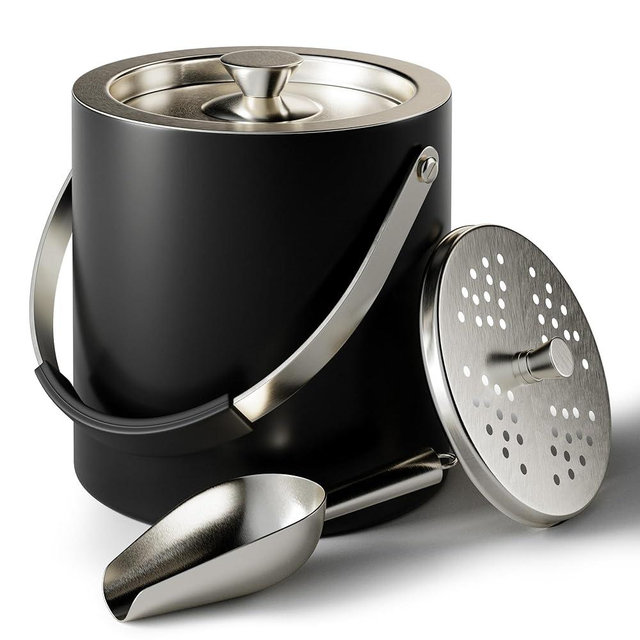 Insulated Ice Bucket with Lid, Strainer, Scoop & Handle - 3L Stainless Steel Double Wall Ice Bucket - Black Ice Bucket for Cocktail Bar - Ice Bucket with Scoop - Large Ice Buckets for Parties with Lid