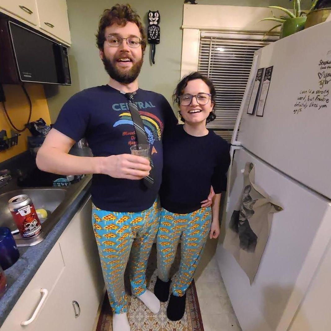 Rocking matching pizza pants for New Year's Eve 2021