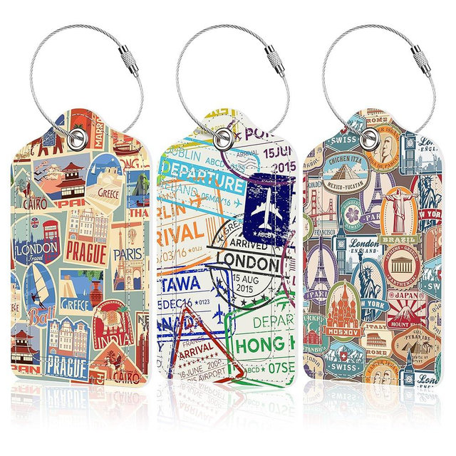 EOBKLAX 3 Pack Travel Stamp Luggage Tags for Suitcases,Travel Retro Labels Leather Baggage Suitcases Tag Name ID Label Privacy Cover Travel Bag Tags for Women Men Boys Girls
