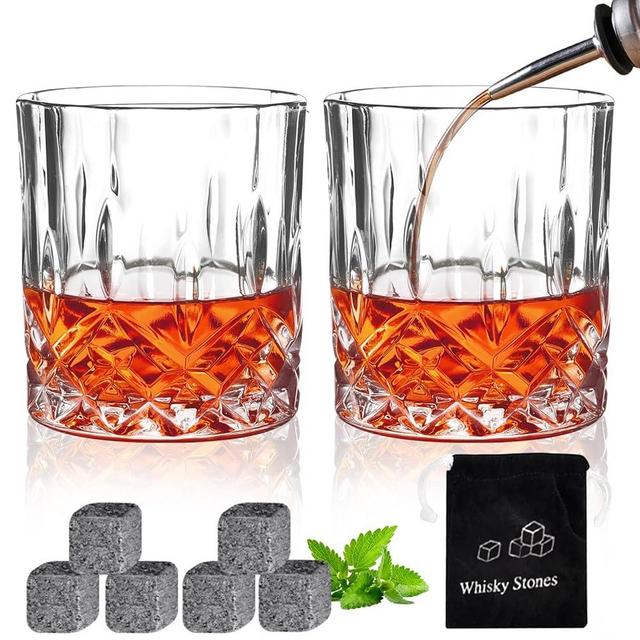 Whiskey Glasses Set of 2 Rocks Glasses Old Fashioned Glass 10oz Crystal Bourbon Scotch Whisky Glasses Lowball Glassware Drinking Tumblers Cups for Cognac Cocktail Bourbon Rum Brandy Bar Men Gift