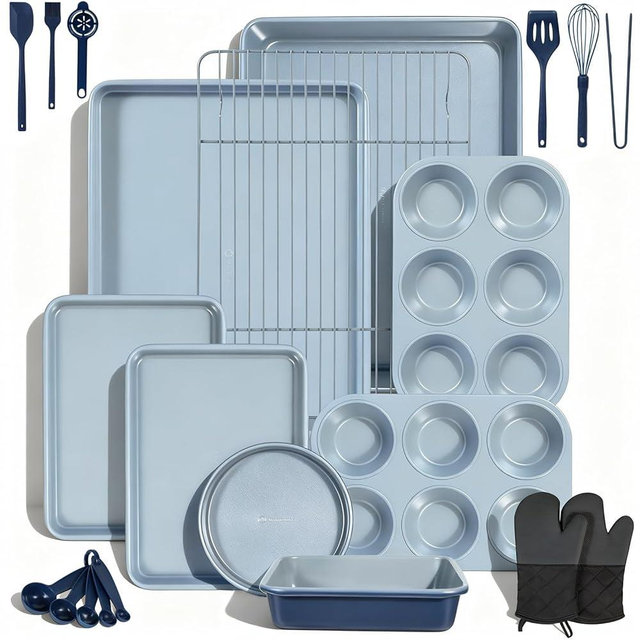 Ammeloo 22-Piece Baking Pans Set Stackable Bakeware Non Stick Baking Set Non Toxic Oven Pans, Including Roasting Pan, Cookie Sheets, Muffin Pans, Cake Pans, Oven Mitts and Utensils(Gray & Navy Blue)