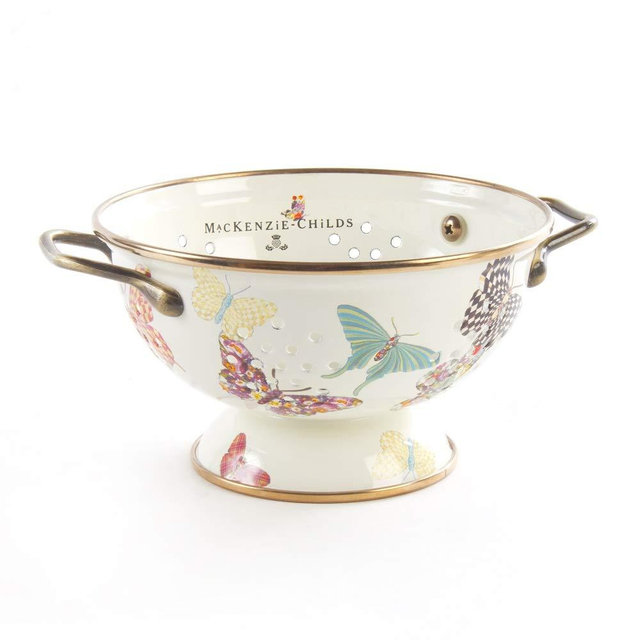 MacKenzie-Childs Butterfly Garden Small Enamel Colander, Decorative Kitchen Strainer, 1 Quart