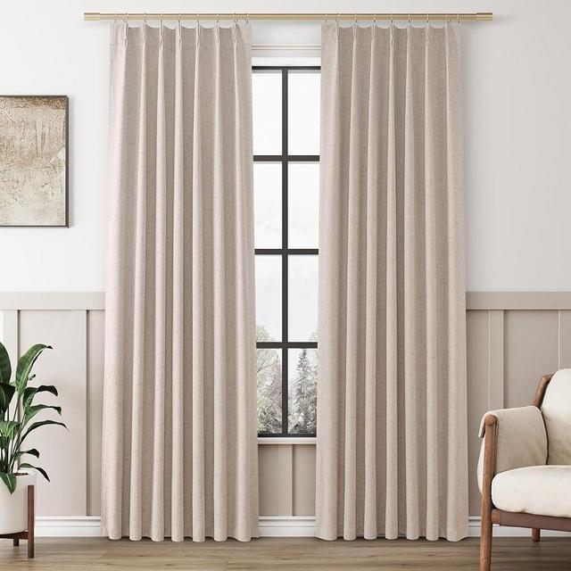 Oatmeal 100% Blackout Pinch Pleated Linen Curtains 84 Inches Long for Living Room Bedroom Pinch Pleat with Hooks Back Tab Linen Drapes Thermal Insulated Room Darkening 84 Inch Length 40x84