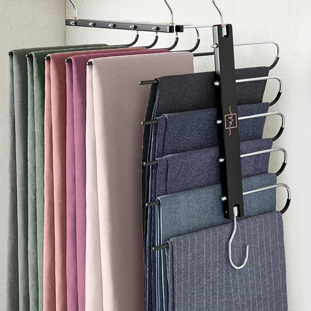 MORALVE Pants Hangers Space Saving - 4 Pack European Beechwood Scarf and Jean Hangers - Closet Organizer and Space Saver Pant Rack, Leggings Hanger, and Scarf Holder with 360° Swivel Hook