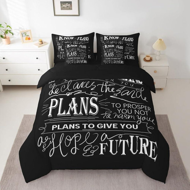 Feelyou Kids Vintage Bible Verse Comforter Set with Sheets 7 Piece King Size Christian Bible Verse Jeremiah Bedding Set for Boys Bedroom Decor Modern Bed in a Bag Black Bed Set with 2 Pillow Case
