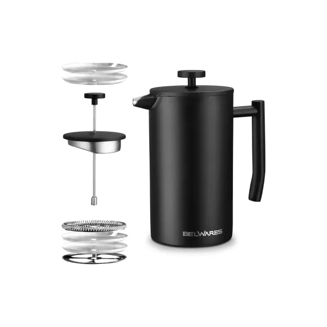 Belwares French Press Coffee Maker | Stainless Steel 304 | Double Wall | 4 Level Filtration System