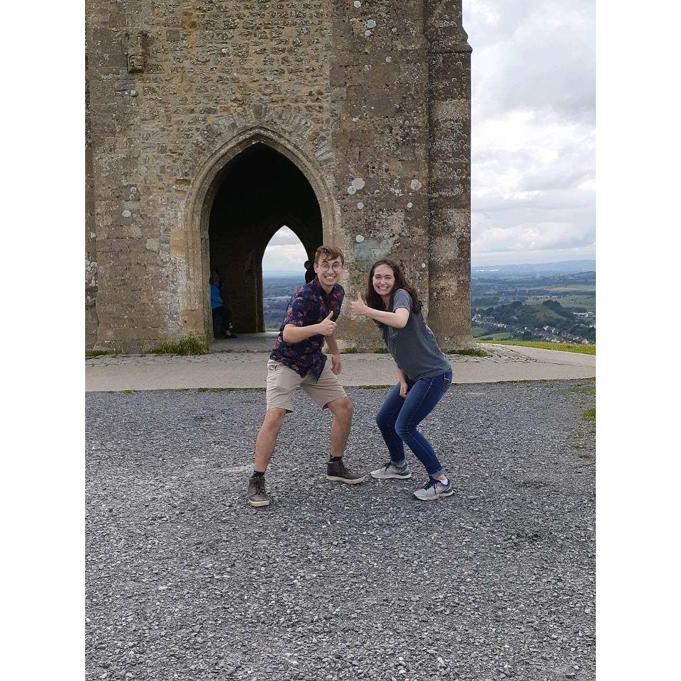 Our first photo of the two of us. Doing the famous "Joe Pose" at the top of Glastonbury Tor in the UK!