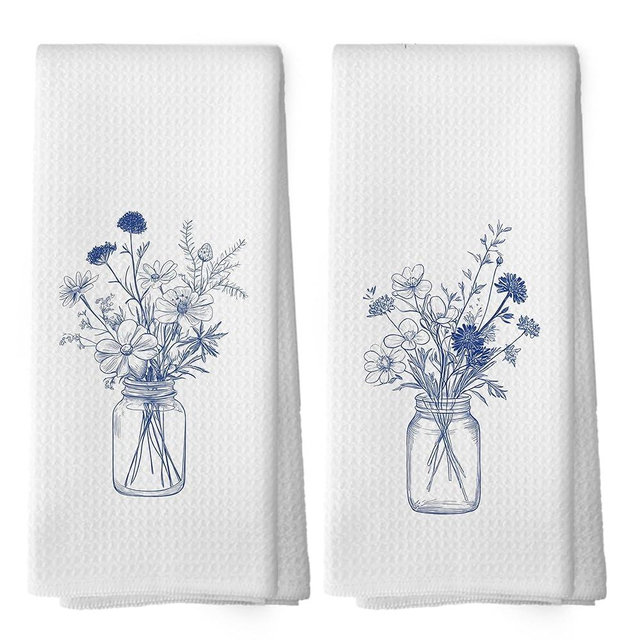 Mcehtle Vintage Blue and White Flower Botanical Kitchen Towels Set of 2, Cornflower Modern Line Drawing Floral Bouquet Hand Towel for Kitchen Bathroom, Spring Decorative Tea Dish Towels 16x24 Inch