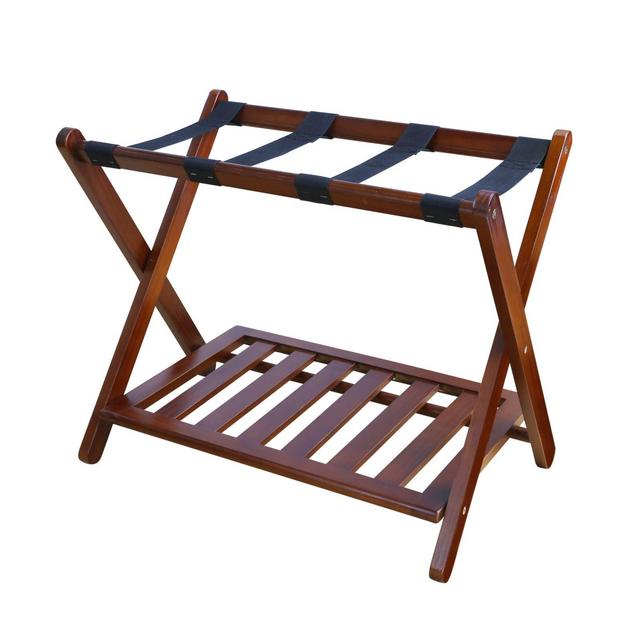 Hotel-Style Folding Luggage Rack with Shelf in Walnut
