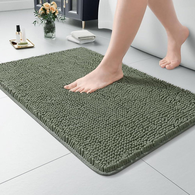 LOCHAS Luxury Bathroom Rug Shaggy Bath Mat 24 x 17 Inch, Washable Non Slip Bath Rugs for Bathroom Shower, Soft Plush Chenille Absorbent Carpets Mats, Sage Green