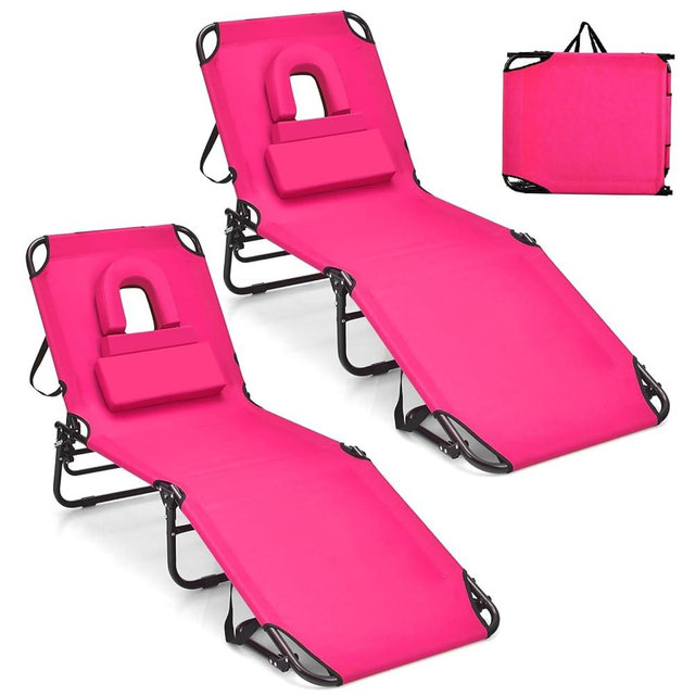 GYMAX Tanning Chair, 350lbs Beach Lounge Chair with Face Hole, Detachable Washable Pillow & Carry Strap, Adjustable Folding Chaise Lounge, Layout Chair for Outside, Patio, Poolside, Lawn (2, Pink)