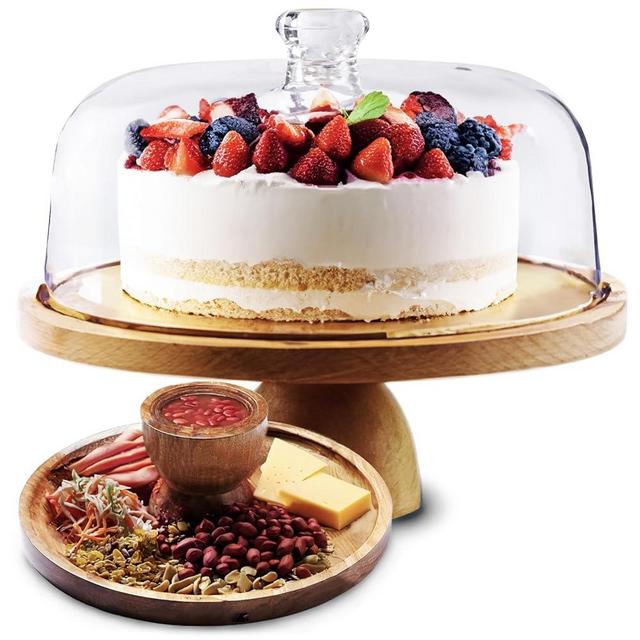 OPPA 2-in-1 Acacia Wood Cake Stand with Acrylic Dome Lid, Multifunctional Dessert Display Set – Shatterproof Round Serving Platter, Veggie Tray, Fruit Bowl, Donut Stand, Nachos Plate