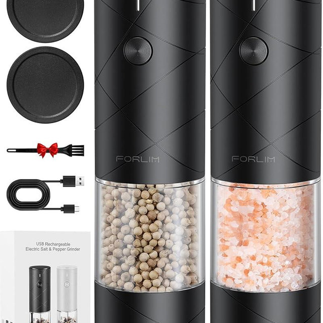 FORLIM Electric Salt and Pepper Grinder Set, USB Rechargeable, Automatic Salt Pepper Mill Grinder with Dust Cover, One-Button Control, Adjustable Coarseness, Warm LED Light (2 Packs, Black)