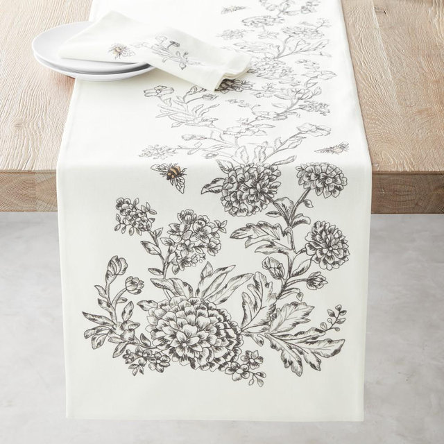 Bee Embroidered Table Runner, Grey