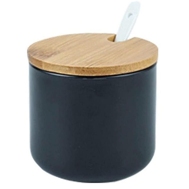 RockTrend Simple Pure Color Ceramic Spice Jar Seasoning Box Condiment Pot Sugar Bowl with Bamboo Lid and Spoon
