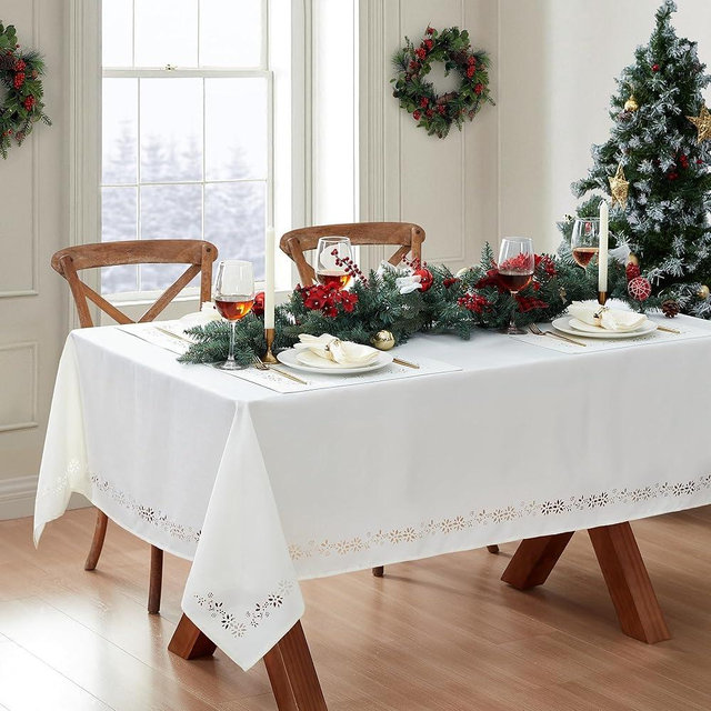 Elrene Home Fashions Poinsettia Noel Laser Cut Holiday Fabric Tablecloth, 60"x120" Rectangle, Poinsettia Ivory