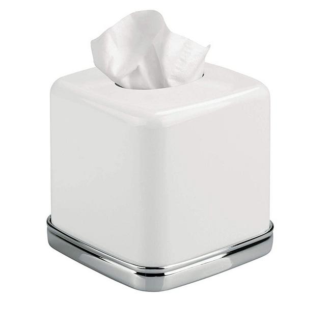 iDesign York Facial Tissue Box Cover, Vintage Holder for Bathroom Vanity Countertops, 5.75" x 5.75" x 5.5", Chrome and White