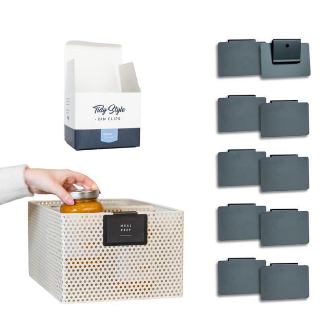Tidy Style 10 Pack Metal Basket Bin Labels Clip On Holders for Storage Bins, Bin Clips for Organizing Pantry, Home, Bathroom (White, Black, or Vanilla), 3.5” x 2.5”