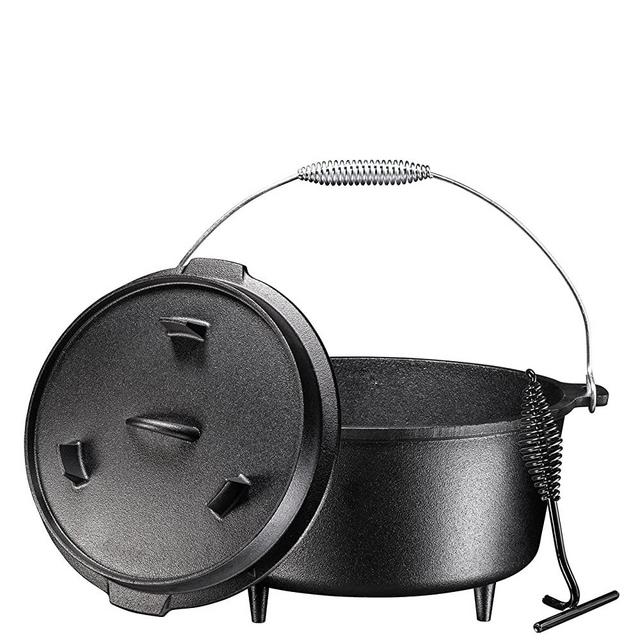 Bruntmor, 3 Legged Pre-Seasoned Cast Iron Camping Flange lid Deep Dutch Oven, 8.5 Quart w/Metal Handle Pre-Seasoned Camping Cookware