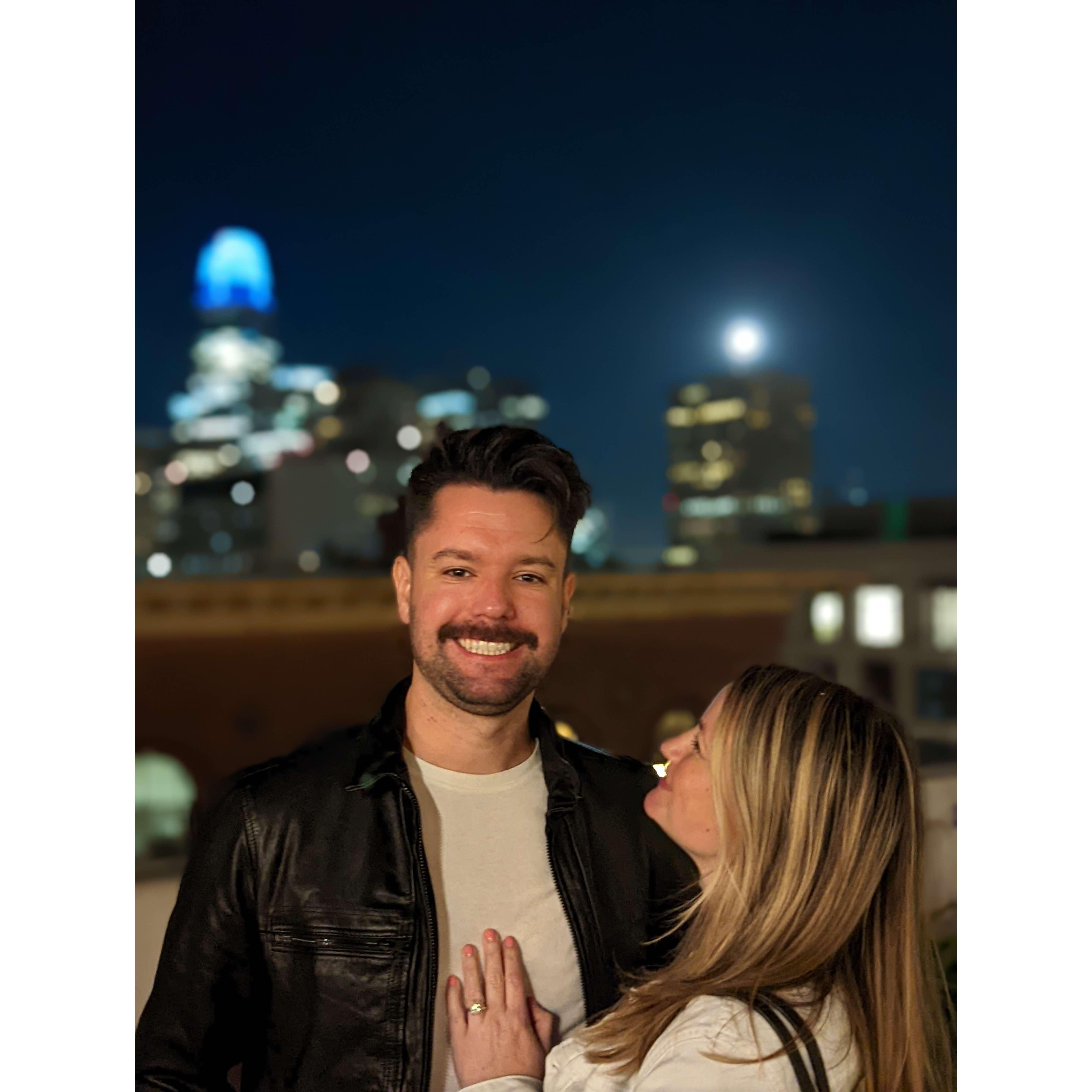 Minutes after Cayman proposed and Jillian said yes on the rooftop of the Fairmont Hotel while looking at the super moon.