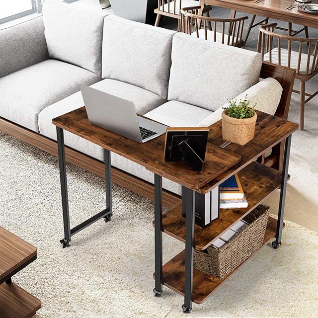 Tangkula 360° Free Rotating Sofa Side Table, Mobile End Table with 2-Tier Storage Shelves, Movable Laptop Table with Sturdy Metal Frame, Couch Side Table Snack Table for Home Office (Rustic Brown)