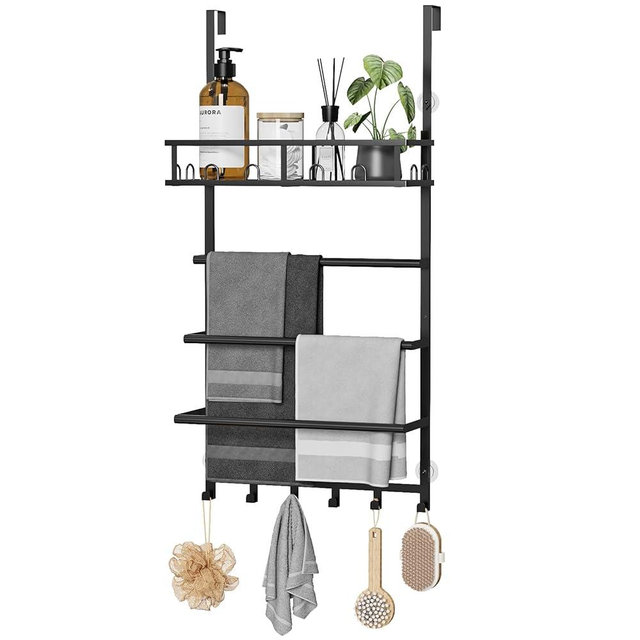 Aetyord Towel Racks for Bathroom Over the Door Towel Rack Towel Storage with Metal Shelf Basket and Hooks Black
