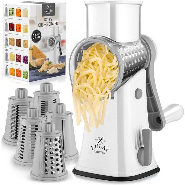 Zulay Rotary Cheese Grater 5 Blade Cheese Shredder - Manual Hand Crank Cheese Grater With Reinforced Suction & 5 Interchangeable Drums - Easy to Use Vegetable Chopper - Frosted White