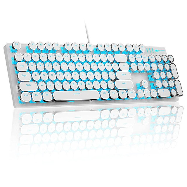 MageGee Typewriter Mechanical Gaming Keyboard, Retro Punk Round Keycap LED Backlit USB Wired Keyboards for Game and Office, for Windows Laptop PC Mac - Blue Switches/White