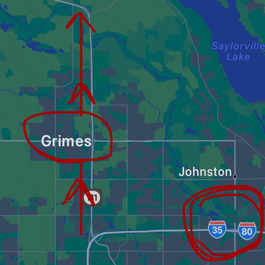 Take the Grimes exit from I35/I80, and head North toward Grimes. Go all the through Grimes on hwy 141, pass the overhead bridge. After the big turn take a right on NW 121st St (the next intersection).