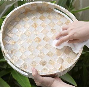12.6 Inch Capiz Shell Round Decorative Tray with Handles, Large Round Decorative Tray for Coffee Table Decor, Decorative Tray for Living Room, Dining Table Centerpiece (Ivory)