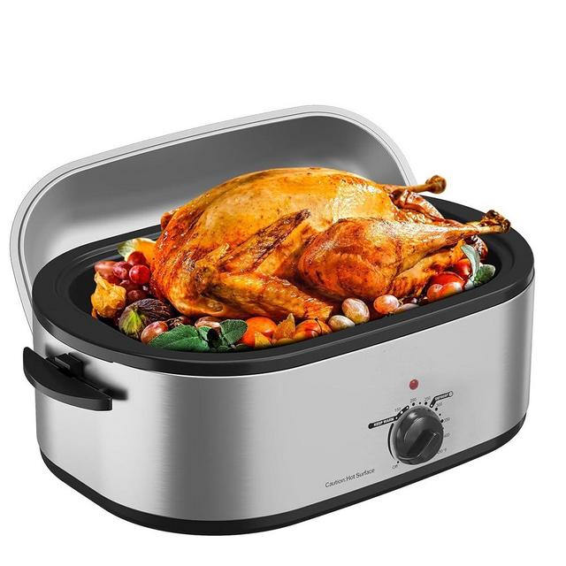 18 Quart Roaster Oven with Self-Basting Lid, Turkey Roaster Oven with Defrost & Warm Function, Adjustable Temperature, Electric Removable Pan Rack, Stainless Steel, Silver
