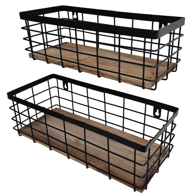 ShabbyDecor Metal Wire Basket Detachable Wood Base Storage Organizer Farmhouse Small Bins for Kitchen Cabinets, Bathroom, Pantry, Laundry Room, Closets Set of 2,Black Color
