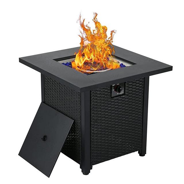 28 Inch Outdoor Fire Pit Table , 50,000 BTU Wicker Patio Fire Pit Table,Faux Wood Tabletopt, Outside Garden Backyard Deck Patio by HANLIKO-Black