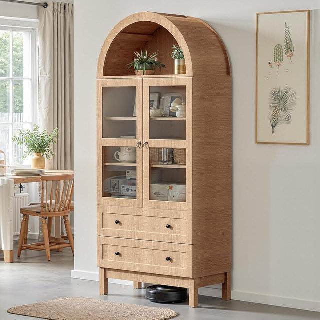 spanspace 71" Tall Arched Kitchen Pantry, Storage Cabinet with Glass Doors, 2 Large Drawers & 3 Adjustable Shelves, Modern Farmhouse Design for Home Kitchens, Small Homes & Apartments
