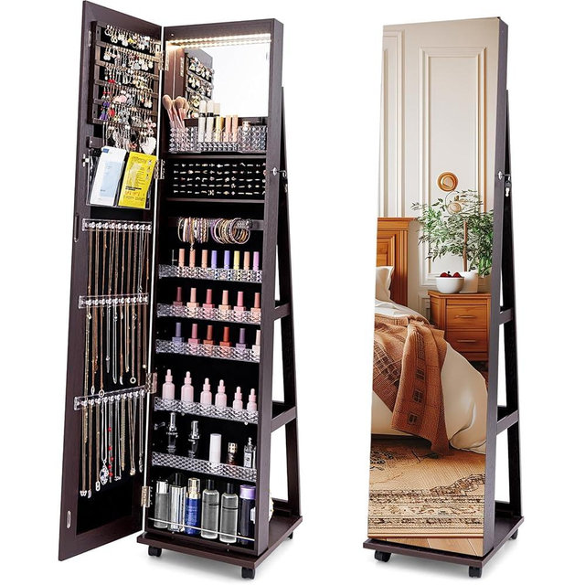 CHARMAID Jewelry Cabinet Armoire with Wheels, 64" Full Length Mirror with Jewelry Storage, 3-Color LED Lights, Adjustable Shelves, Lockable Standing Jewelry Organizer with Back Shelves (Espresso)
