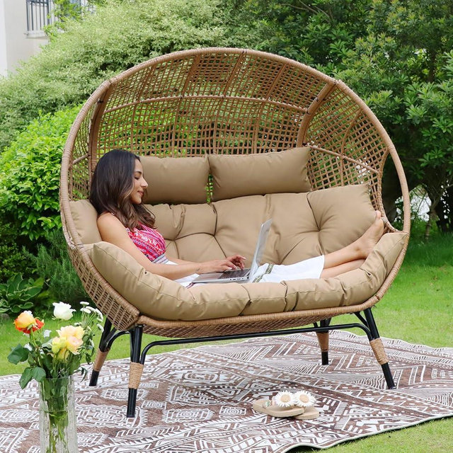 NICESOUL® Double Egg Chair Indoor Outdoor Stationary Oversized Thicken Padded Cushions,2 Person Egg Loveseat Chair,680 lbs Extra Large Lounge Chair for Patio Balcony Porch Backyard Brown
