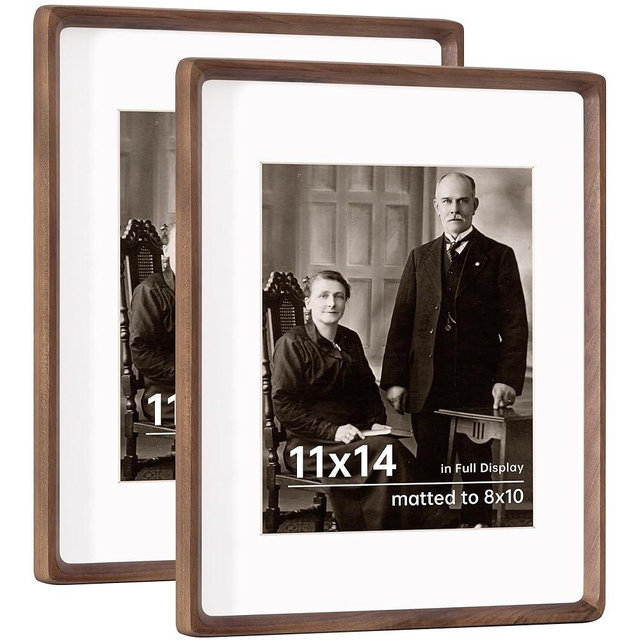 11x14 Wooden Picture Frames USA-Sourced Natural Walnut Solid Wood Photo Frame Handcrafted Rounded Corner with Mat to 8x10 Picture Frame Vintage Display with Real Glass Family Picture， 2 Pack