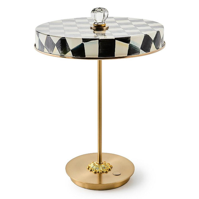 MACKENZIE-CHILDS LED Rechargeable Disk Table Lamp, Cordless Touch Lamp, Black-and-White Courtly Check