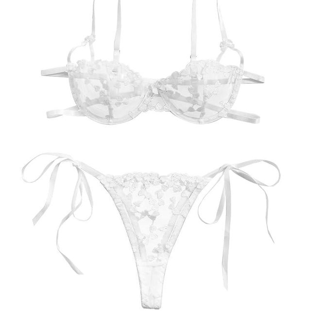 Lilosy Sexy Tie Side Cute Underwire Push Up Strappy Embroidered Mesh Sheer Lingerie Set