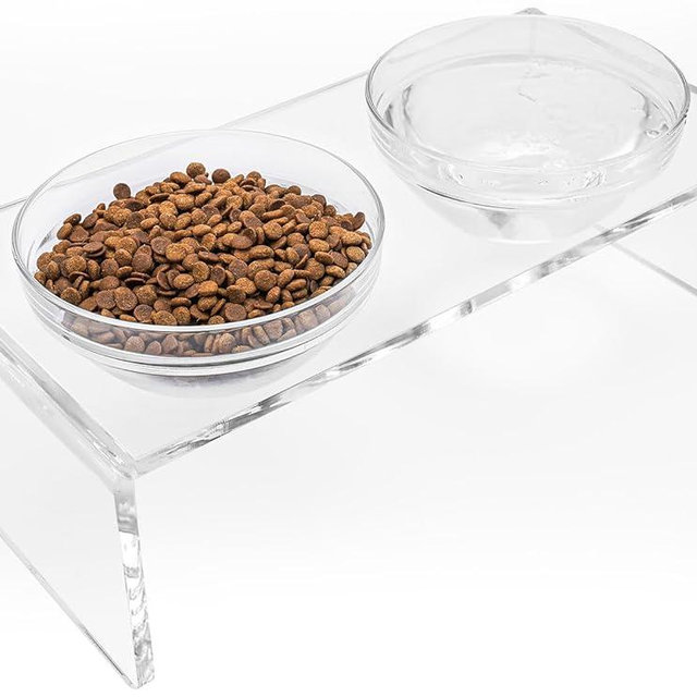 Acrylic Elevated Dog Cat Bowls Pet Feeder Double Bowl Raised Stand Comes with 2 Removable Glass Bowls and 2 Stainless Steel Bowls.Perfect for Large Dogs, 7.2" Tall