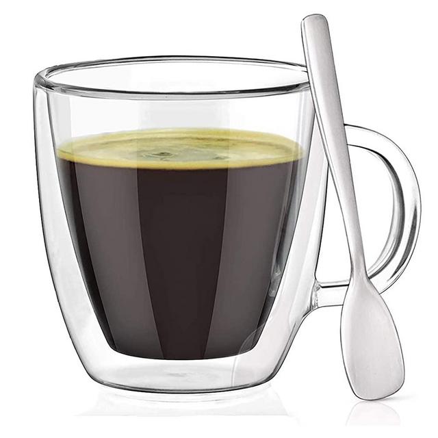 Espresso Cups with Espresso Paddles (SET OF 2). Fits ALL Nespresso Machines. 5.4 oz Espresso Glasses. Insulated Double Wall Thermo Mugs by Dewstone, 2PACK