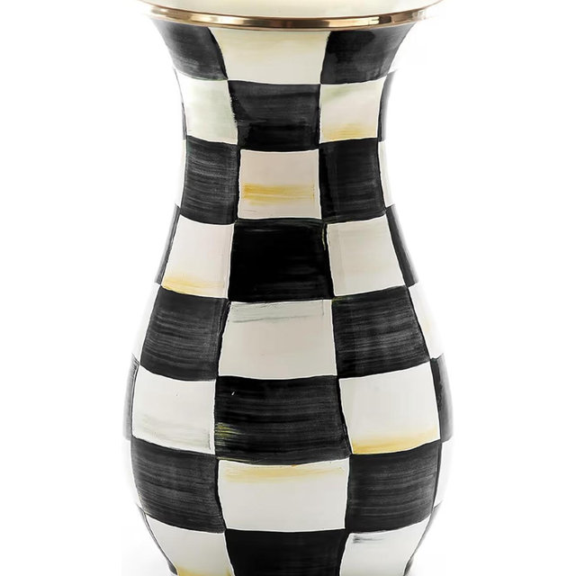 MACKENZIE-CHILDS Tall Enamel Vase, Unique Flower Vase, Decorative Table Decor for Living Room, Black-and-White Courtly Check